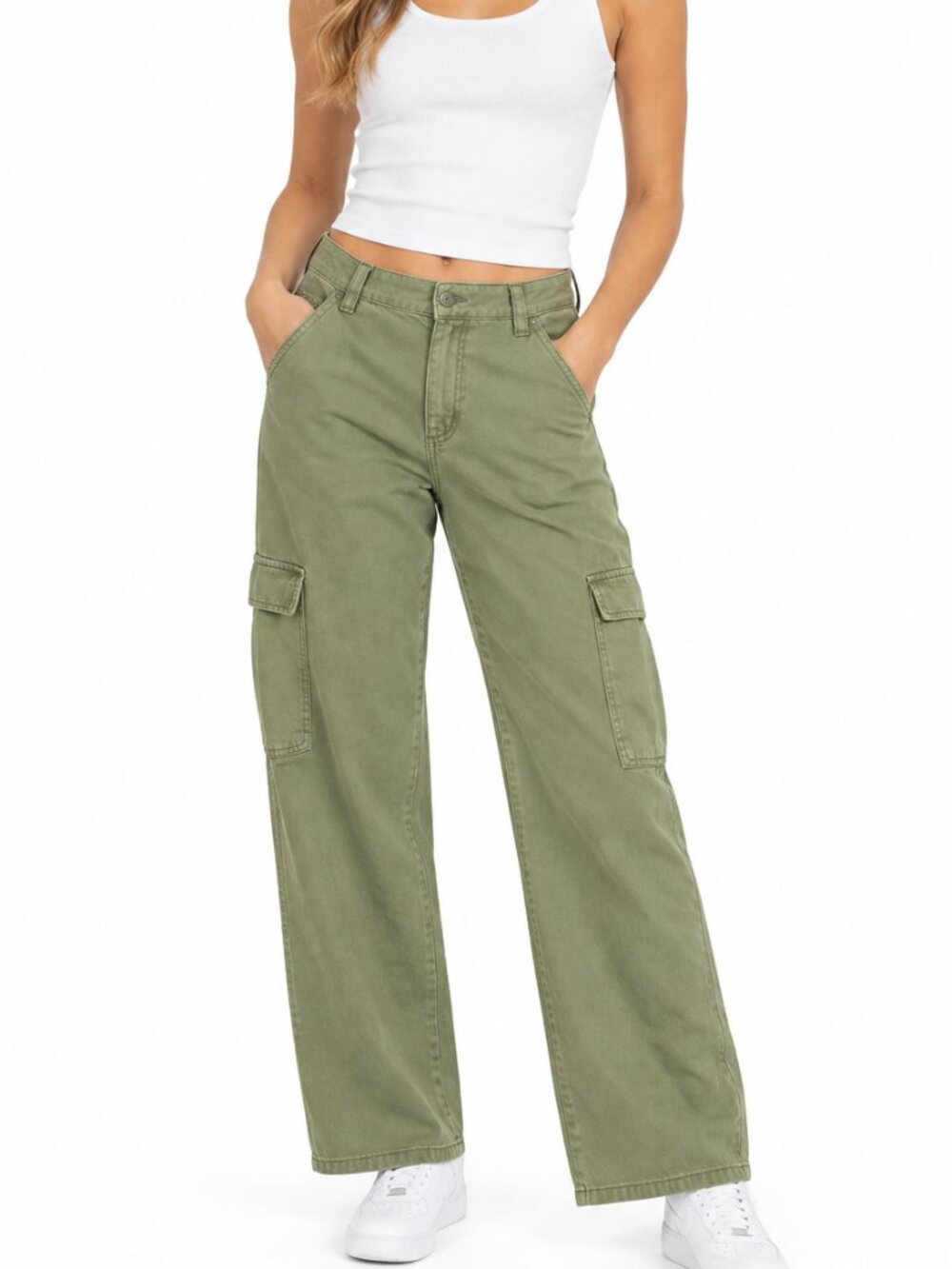 ASOS DESIGN Green High-Waisted Wide Leg Cargo Pants Size 30/36 100% Cotton